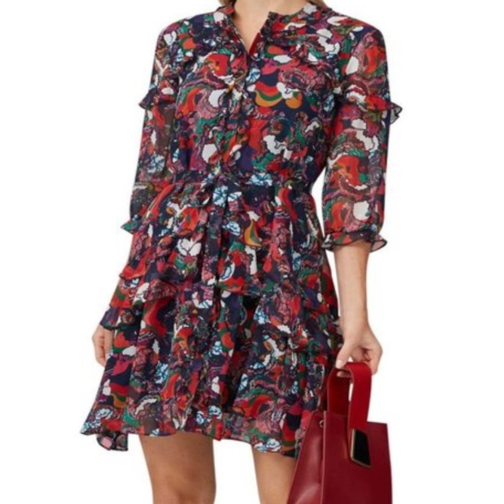 Saloni Sz US 8 UK 12 Silk Floral Print Tilly Ruffle Button Up Belted Mini Dress